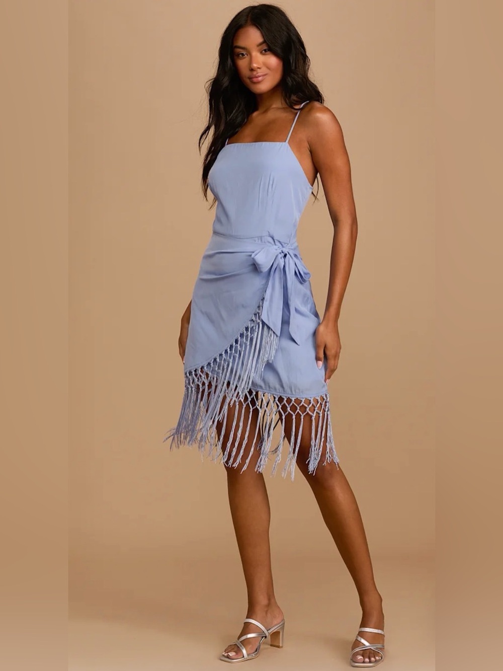 Lulu’s Light Blue Fringe Wrap Dress